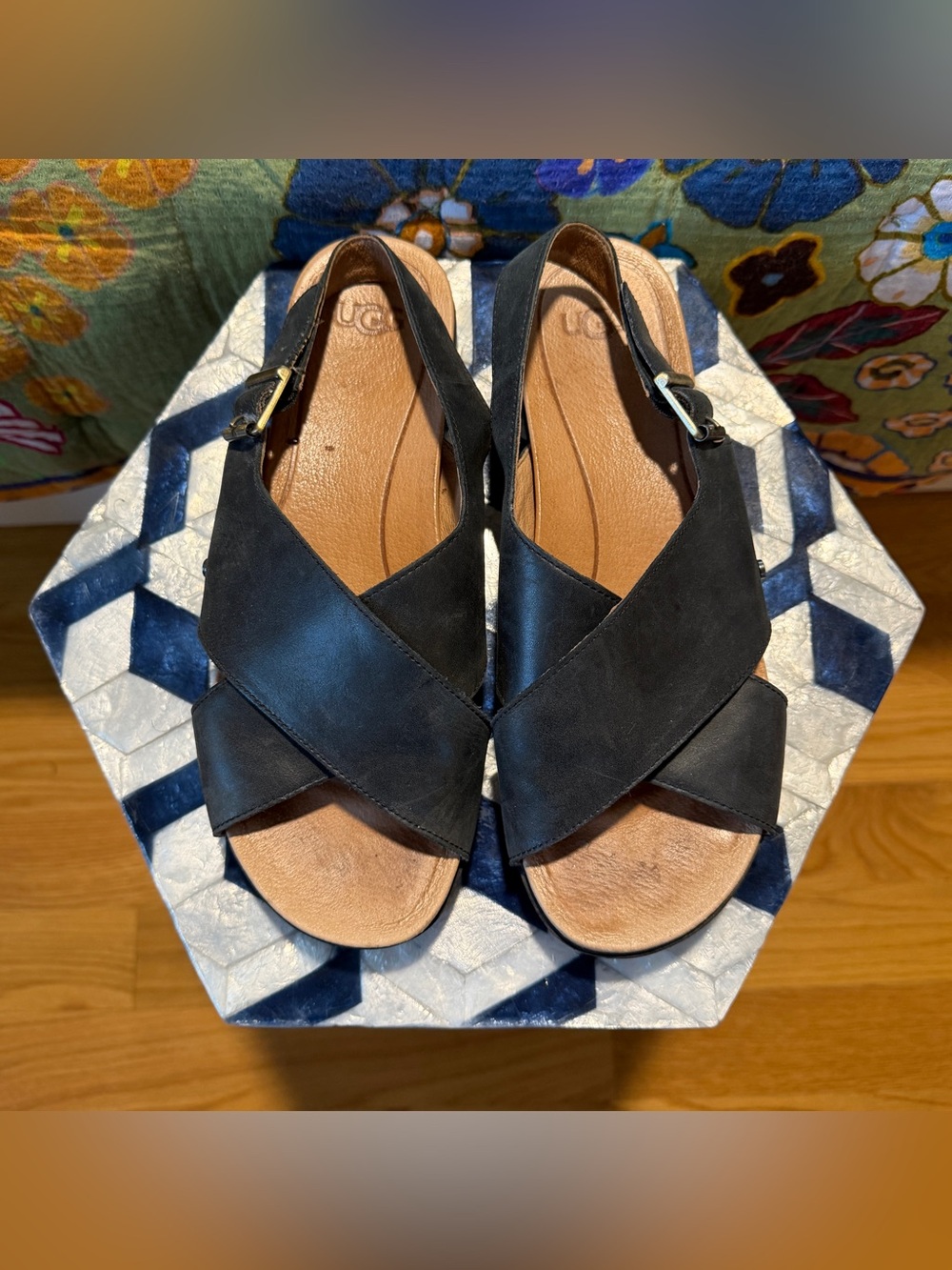 UGG Kamile Black Leather Crisscross Slingback Sandals